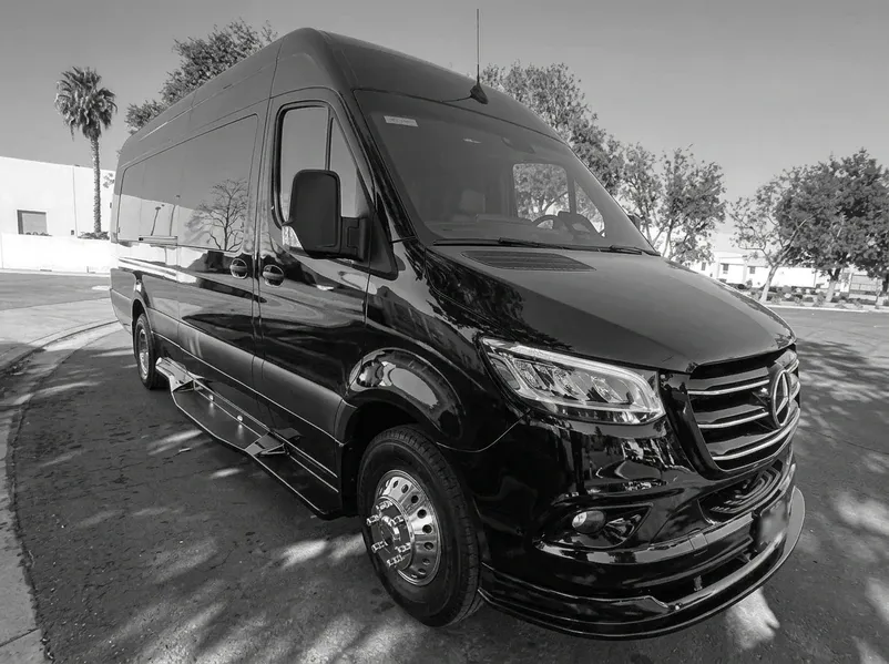 Black Mercedes-Benz Sprinter 12 Passenger Limousine 2024 Mercedes-Benz Sprinter 12 Passenger Limousine (black) for party bus rental for booking