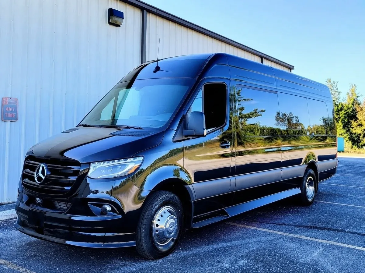Black Mercedes-Benz Sprinter Limousine (Sebastian) 2025 Mercedes-Benz Sprinter Limousine (Sebastian) (black) for party bus rental for booking