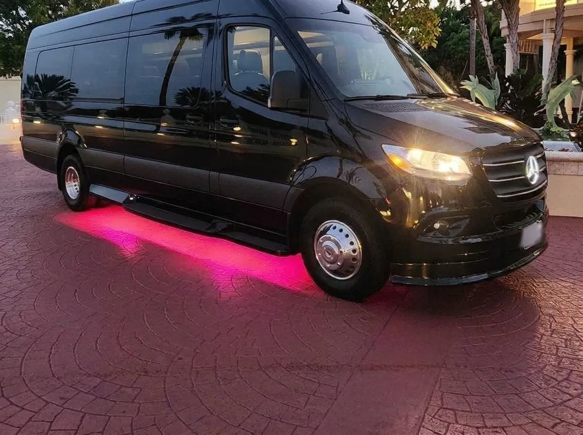 2026 Mercedes-Benz Sprinter Limousine (Sylvester) (black) for party bus rental for booking