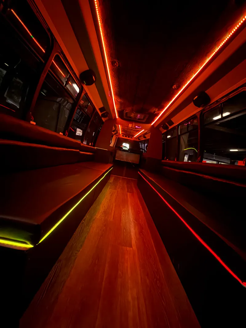 Ford E-450 Series Party Bus: seating area, with perimeter lounge seating, LED accent lighting and LED ceiling lighting, pic 3