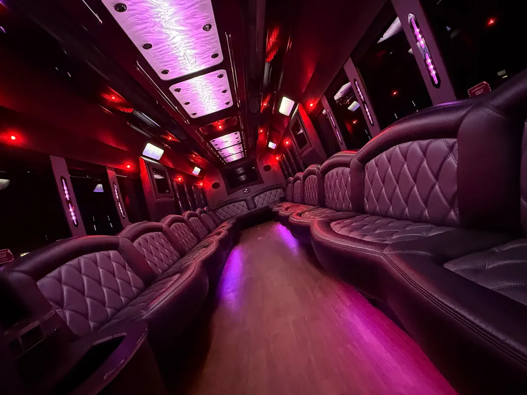 Freightliner Party Bus: seating area, with perimeter lounge seating, LED ceiling lighting and wood-look flooring