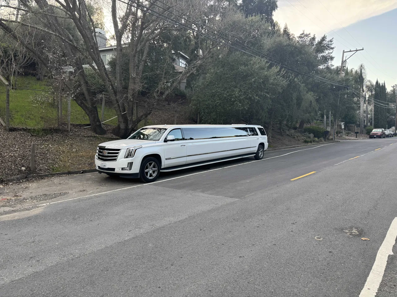 Cadillac Escalade Limousine (white) for party bus rental, with tinted windows