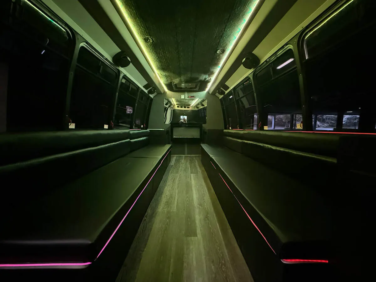 Ford E-450 Series Party Bus: seating area, with perimeter lounge seating, LED accent lighting and LED ceiling lighting, pic 5