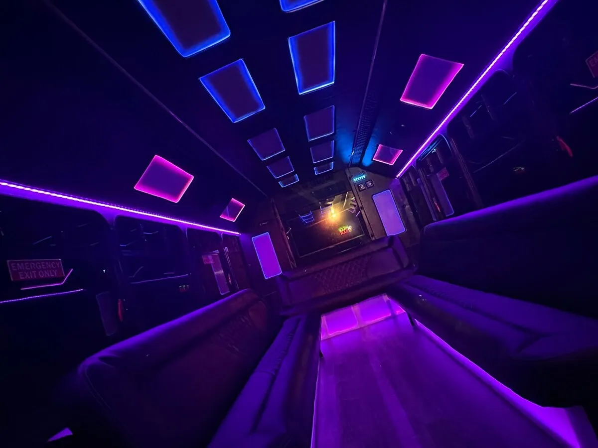Ford E-450 Series Party Bus: seating area, with perimeter lounge seating, LED accent lighting and LED ceiling lighting, pic 6