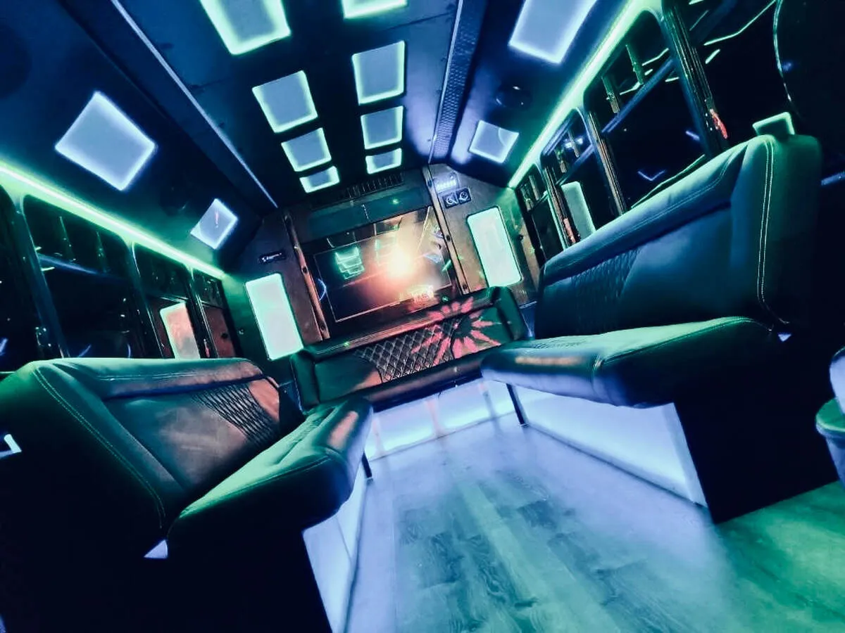 Ford E-450 Series Party Bus: seating area, with perimeter lounge seating, LED accent lighting and LED ceiling lighting, pic 11