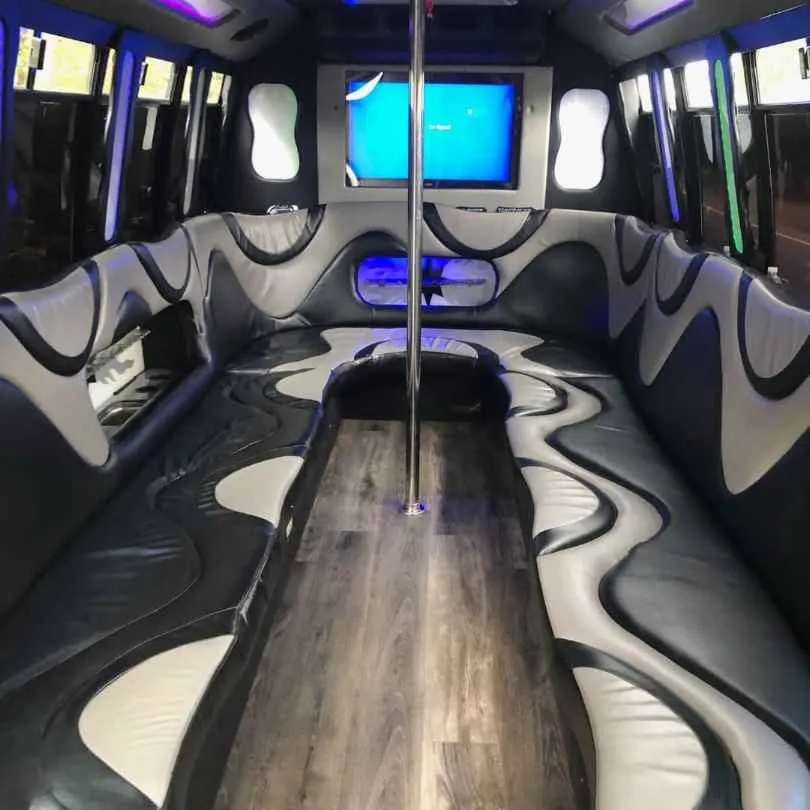 Ford Party Bus: seating area, with perimeter lounge seating, LED accent lighting and wood-look flooring