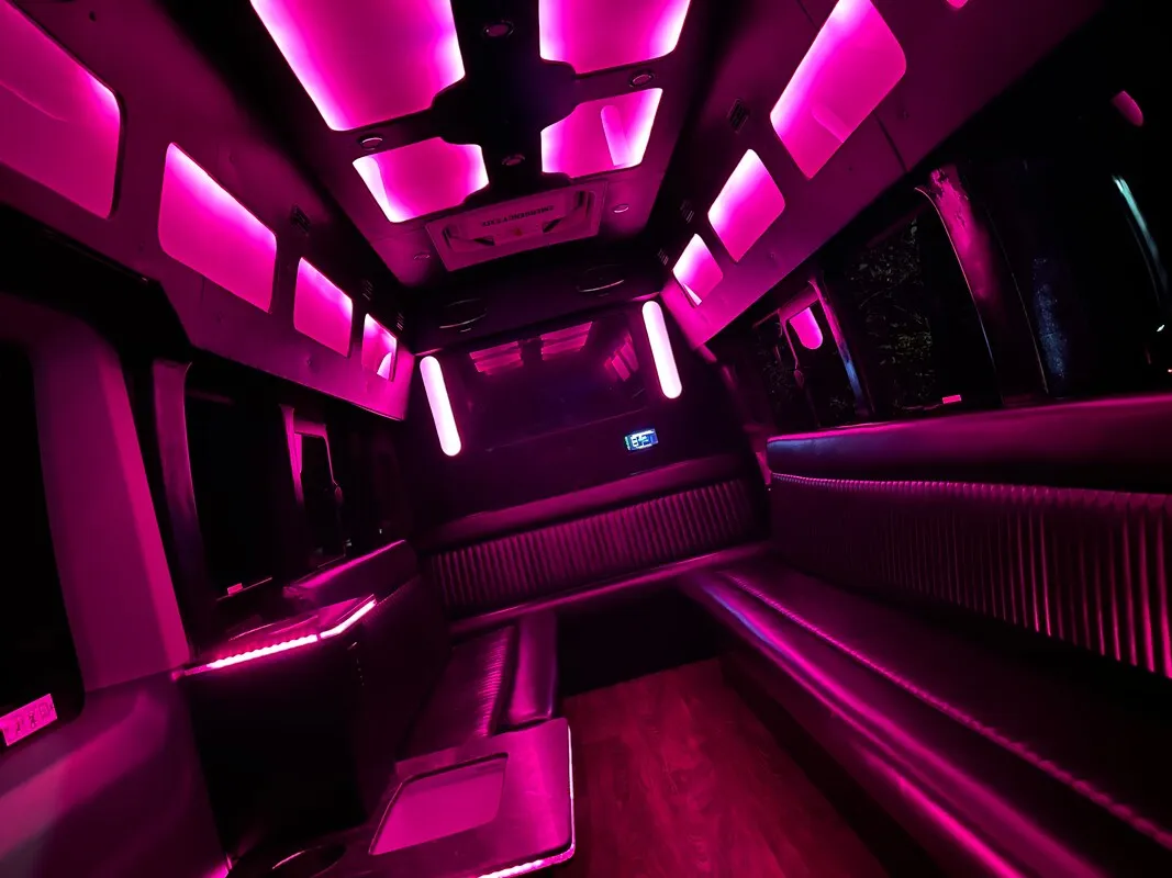 Ford Transit Van for party bus rental: seating area, with perimeter lounge seating, LED accent lighting and LED ceiling lighting, pic 4