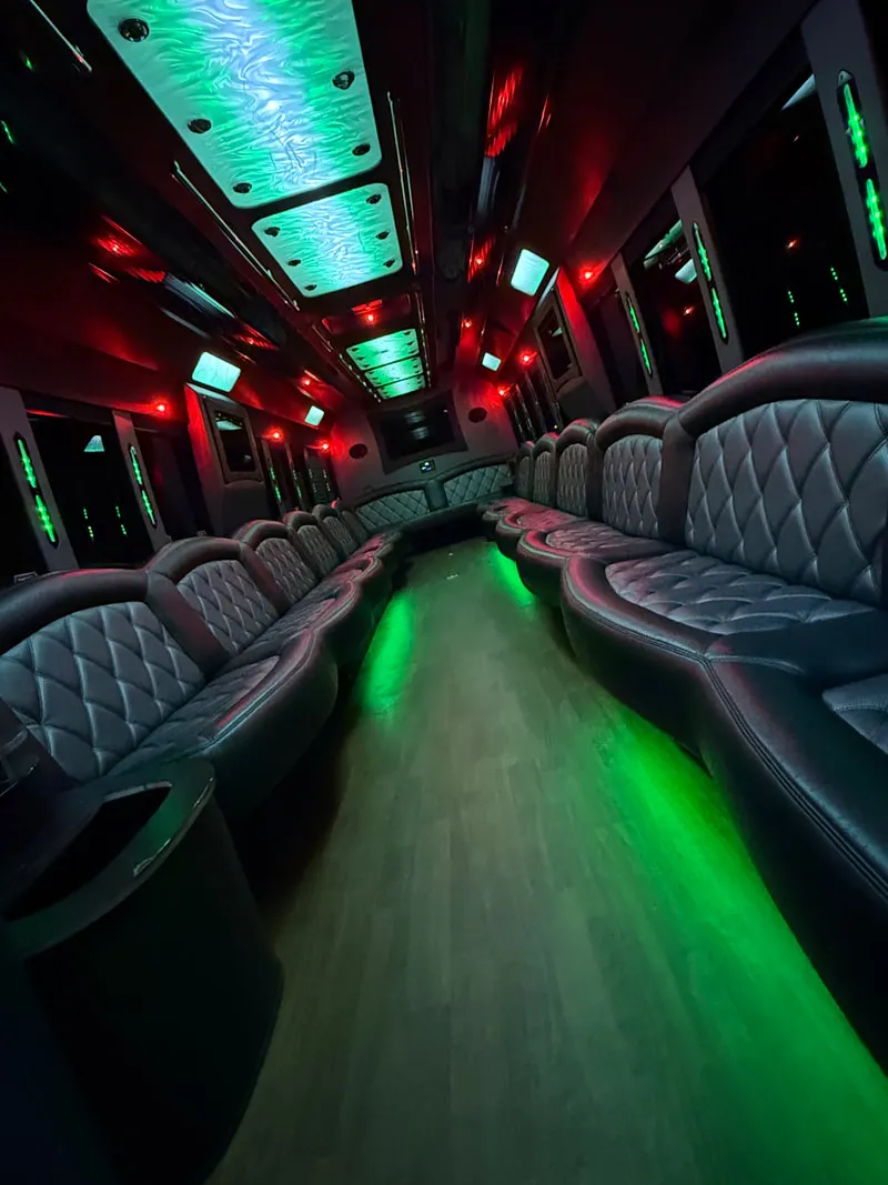 Freightliner Party Bus: seating area, with perimeter lounge seating, LED ceiling lighting and wood-look flooring, pic 10