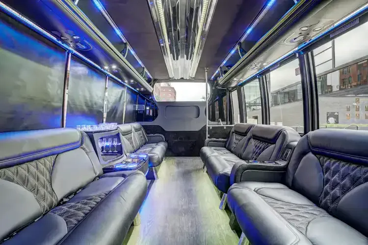 Grech Party Bus: seating area, with perimeter lounge seating, sofa-style seating and LED accent lighting
