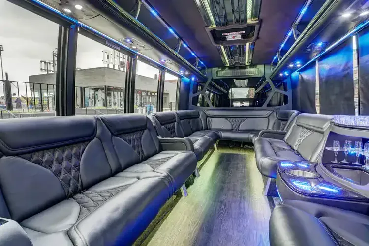 Grech Party Bus: seating area, with perimeter lounge seating, sofa-style seating and LED accent lighting, pic 4