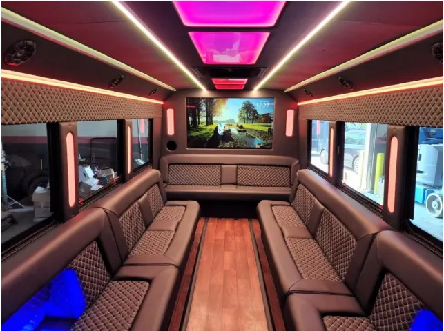 Limousine Bus for party bus rental: seating area, with perimeter lounge seating, LED accent lighting and LED ceiling lighting, pic 3