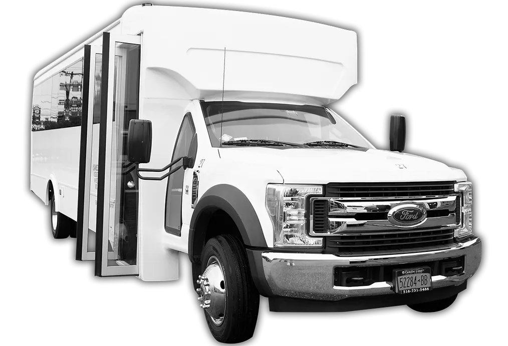 Limousine Bus (white) for party bus rental: full view, pic 3