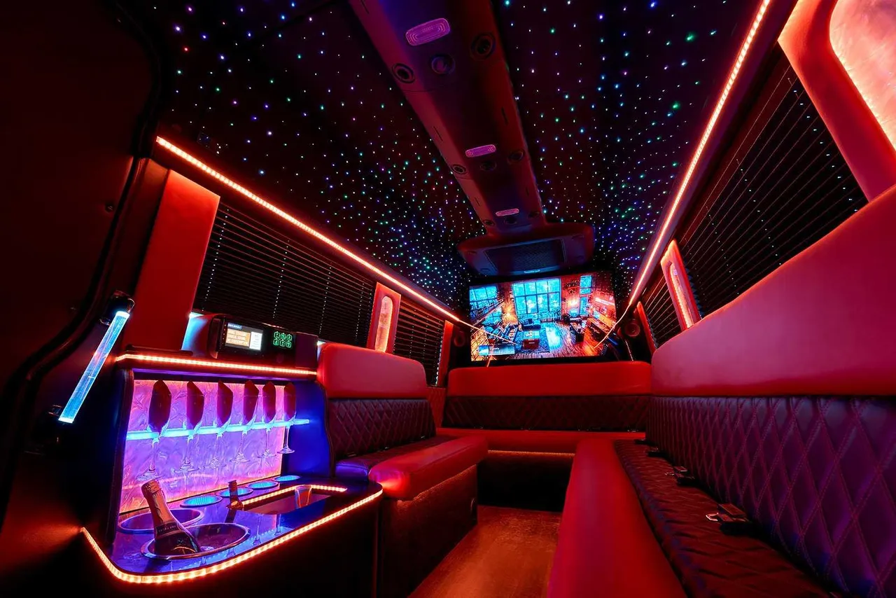 Limousine Bus for party bus rental: seating area, with perimeter lounge seating, window shades and LED accent lighting, pic 3