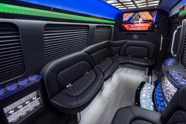 Mercedes-Benz Sprinter Limousine for party bus rental for booking