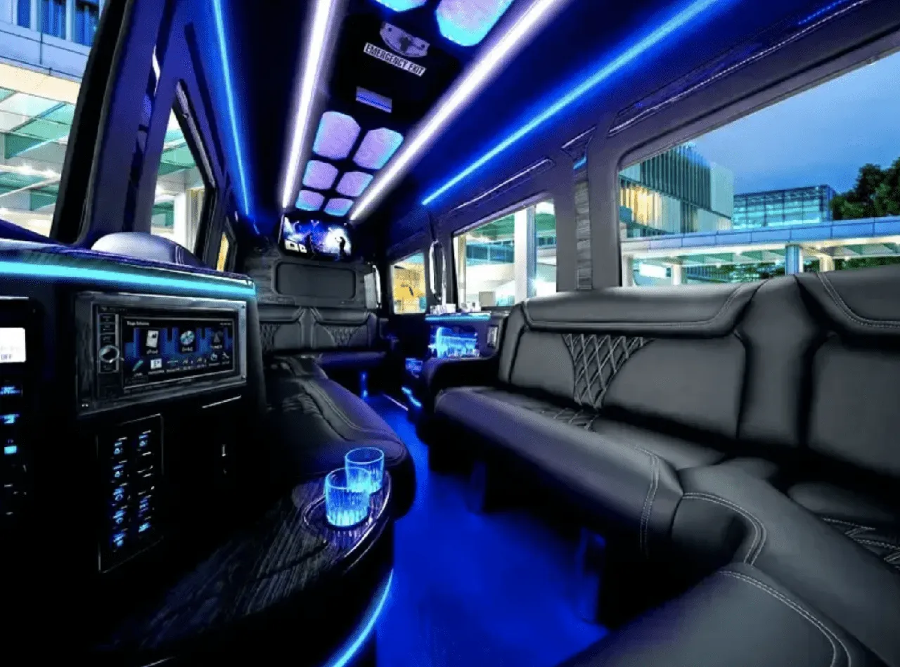 Mercedes-Benz Limousine Sprinter Mercedes-Benz Limousine Sprinter for party bus rental: seating area, with sofa-style seating, LED accent lighting and LED ceiling lighting