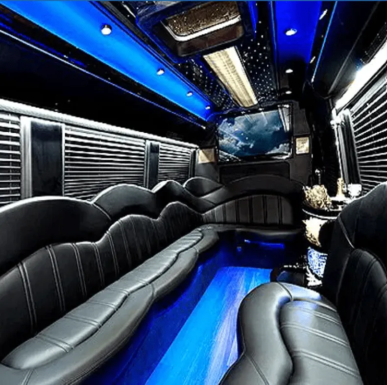 Mercedes-Benz Sprinter Limousine Mercedes-Benz Sprinter Limousine for party bus rental: seating area, with perimeter lounge seating, window shades and LED accent lighting