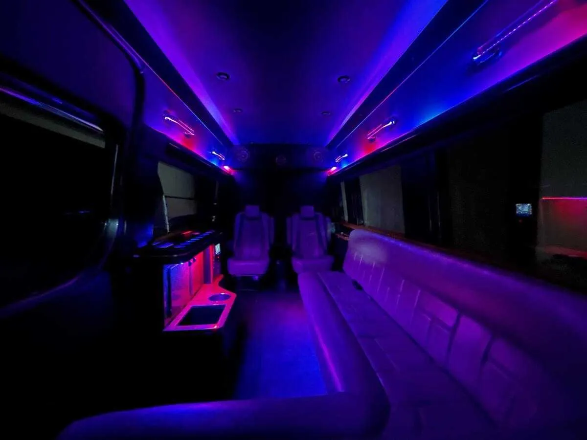 Mercedes-Benz Sprinter Limousine for party bus rental: seating area, with sofa-style seating, captain's chairs and LED accent lighting, pic 2