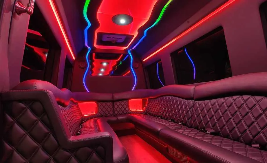 Mercedes-Benz Sprinter Limousine for party bus rental: seating area, with perimeter lounge seating and LED accent lighting, pic 4