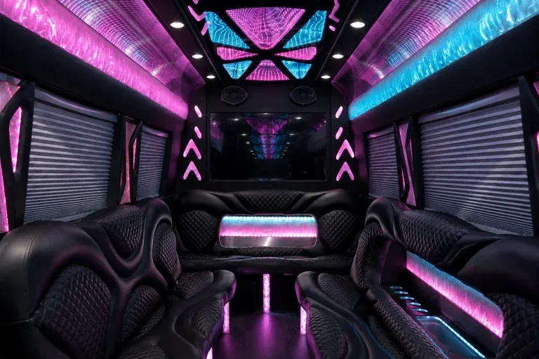 Mercedes-Benz Sprinter Limousine for party bus rental: seating area, with perimeter lounge seating, window shades and LED accent lighting, pic 2