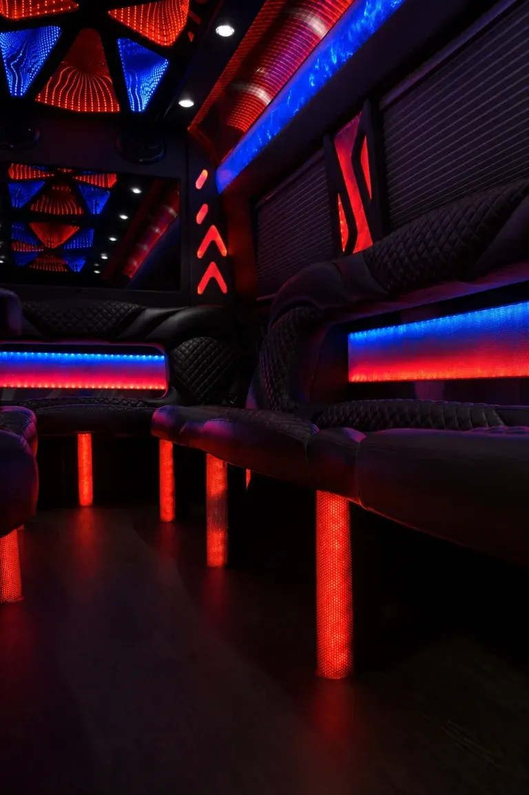 Mercedes-Benz Sprinter Limousine for party bus rental: seating area, with window shades, LED accent lighting and LED ceiling lighting