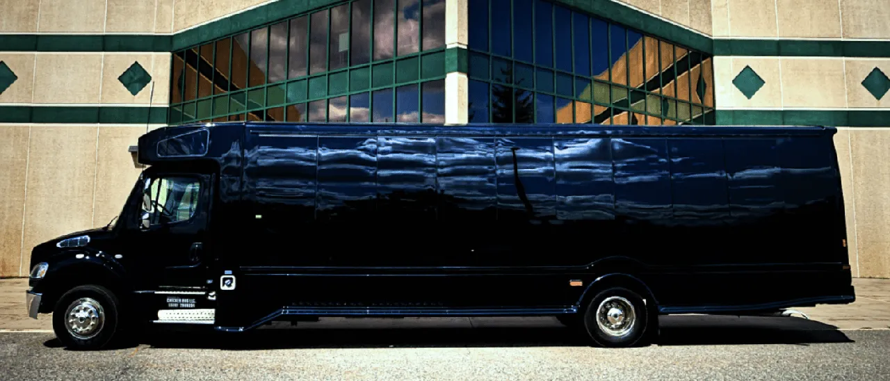 28 Passenger Party Bus (black): full view, with tinted windows