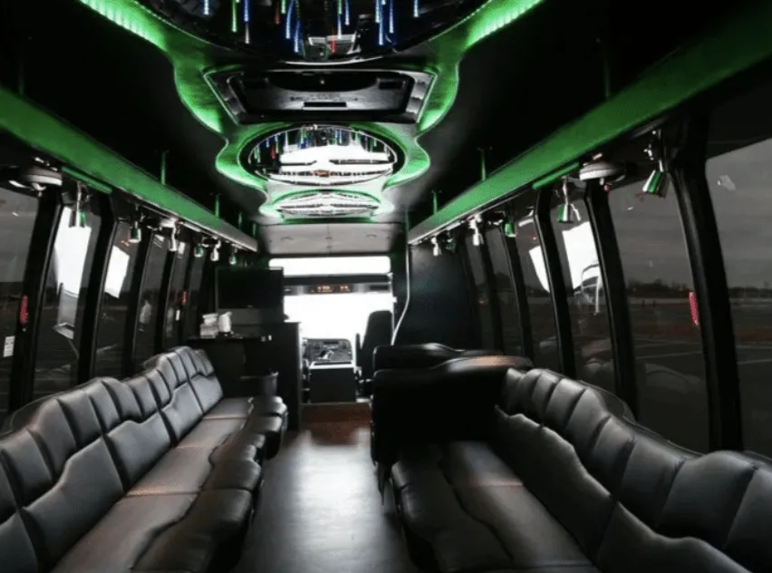 28 Passenger Party Bus: seating area, with perimeter lounge seating, LED accent lighting and LED ceiling lighting
