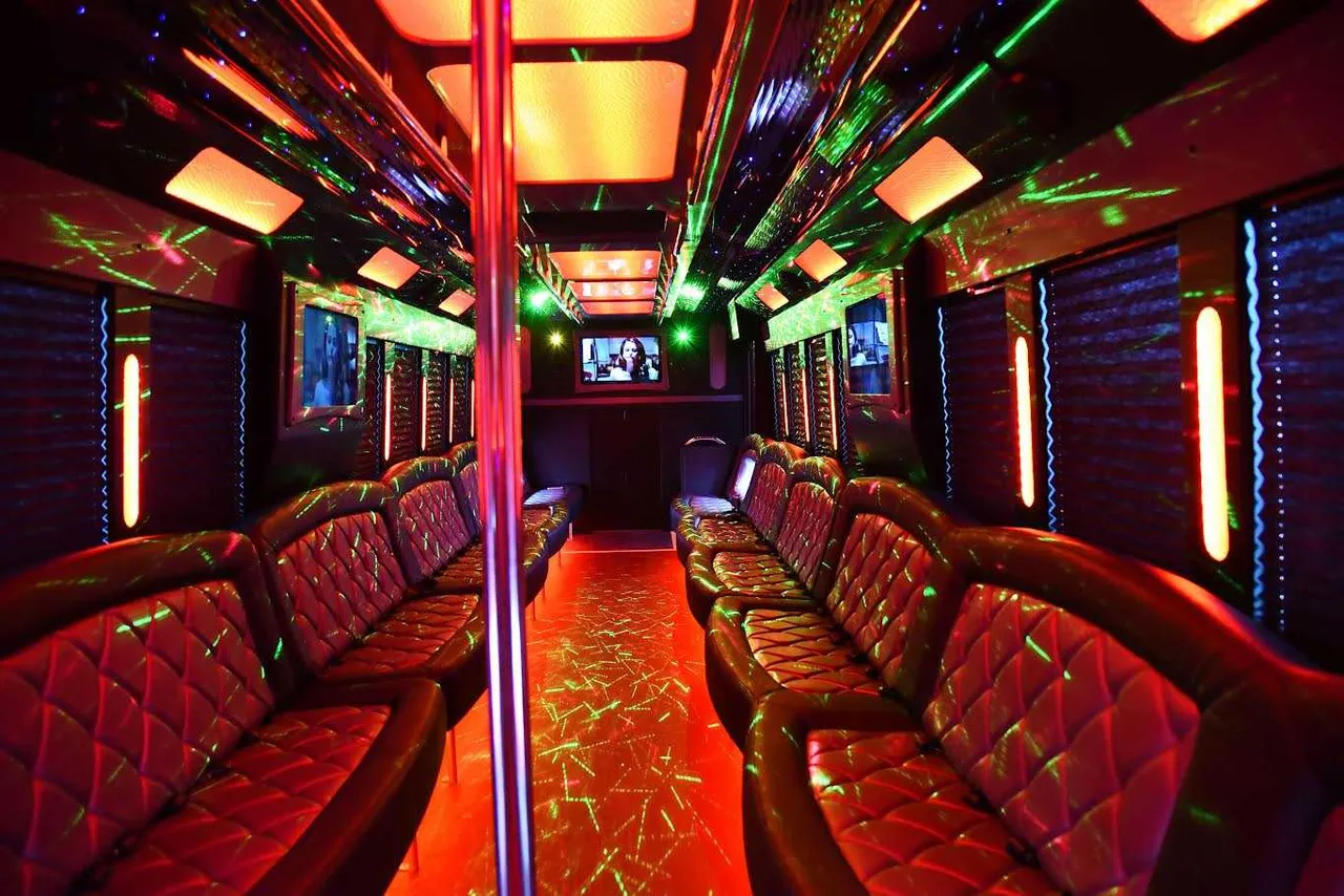 50 Passenger Party Bus: seating area, with perimeter lounge seating, window shades and LED accent lighting