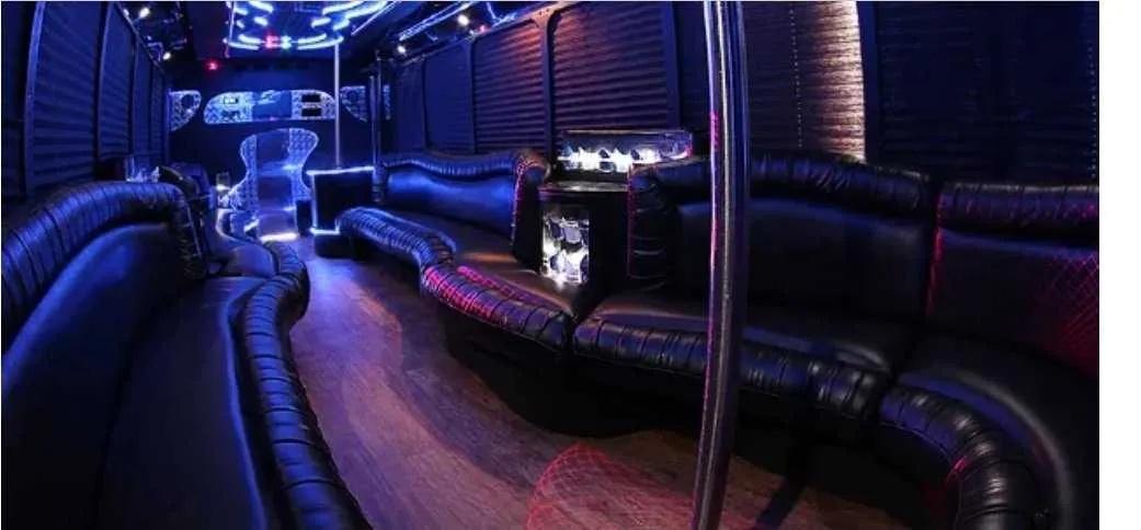 30 Passenger Party Bus: seating area, with perimeter lounge seating, window shades and LED accent lighting