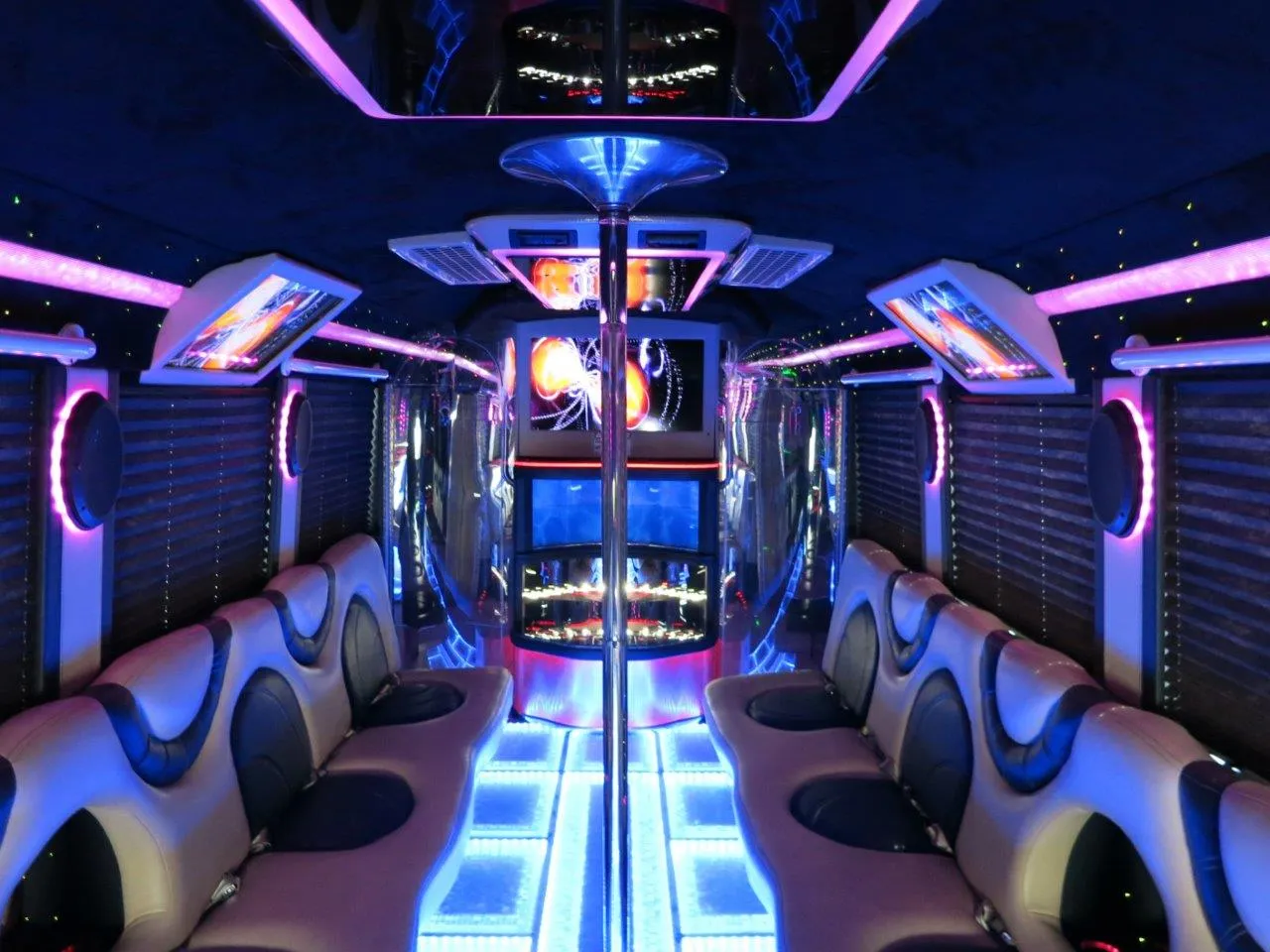 26 Passenger Party Bus: seating area, with perimeter lounge seating, window shades and LED accent lighting