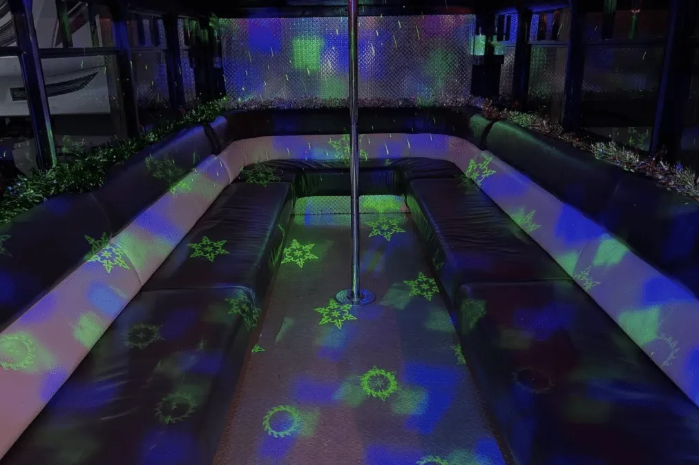 20 Passenger Party Bus: seating area, with perimeter lounge seating and dance pole
