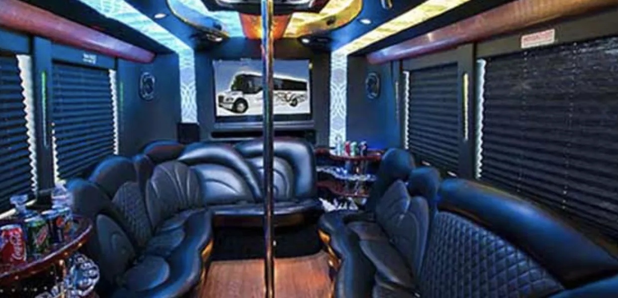 24 Passenger Party Bus: seating area, with perimeter lounge seating, sofa-style seating and window shades