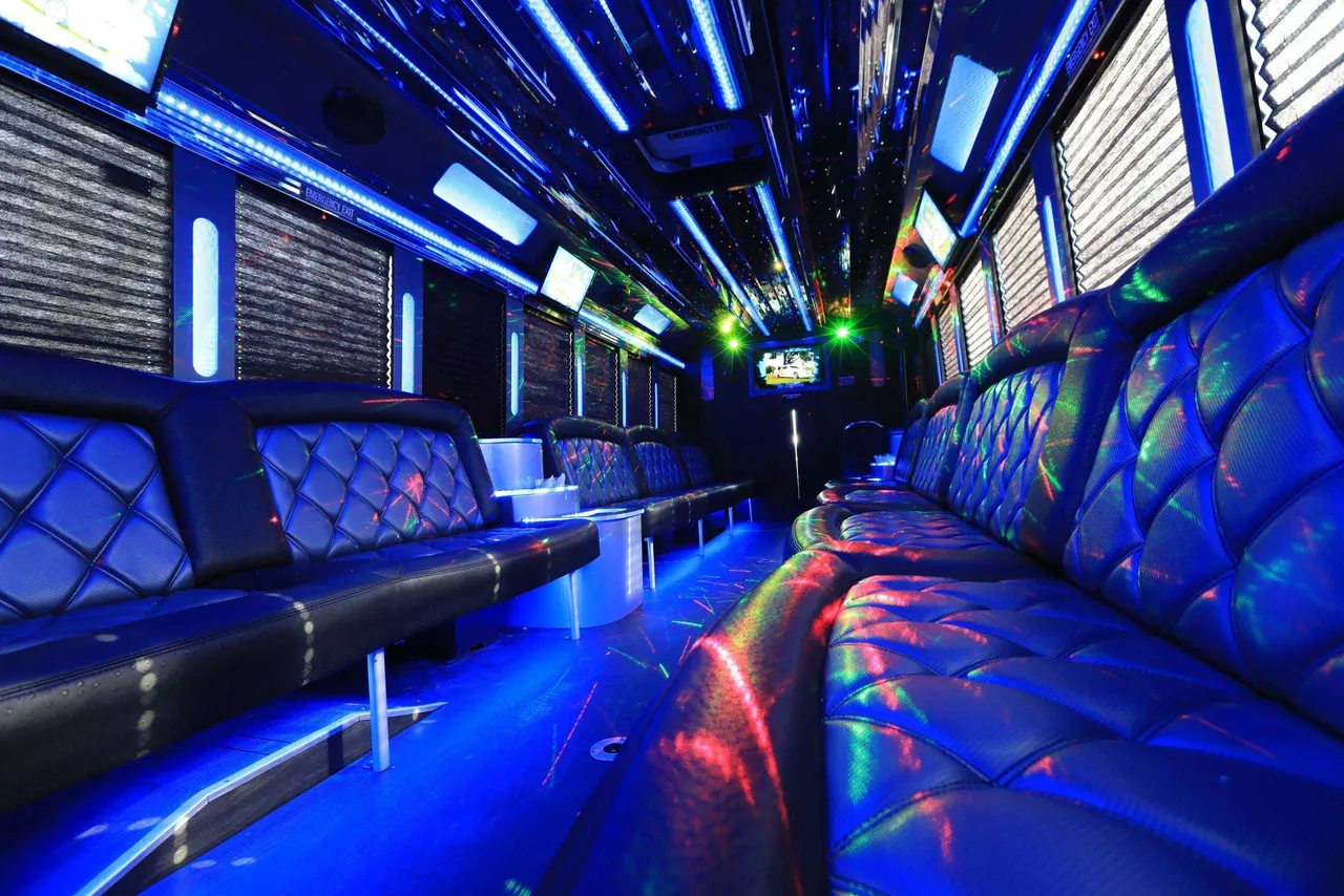 30 Passenger Party Bus: seating area, with perimeter lounge seating, window shades and LED accent lighting