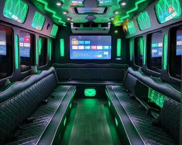 Ford F550 Party Bus: seating area, with perimeter lounge seating, LED accent lighting and LED ceiling lighting