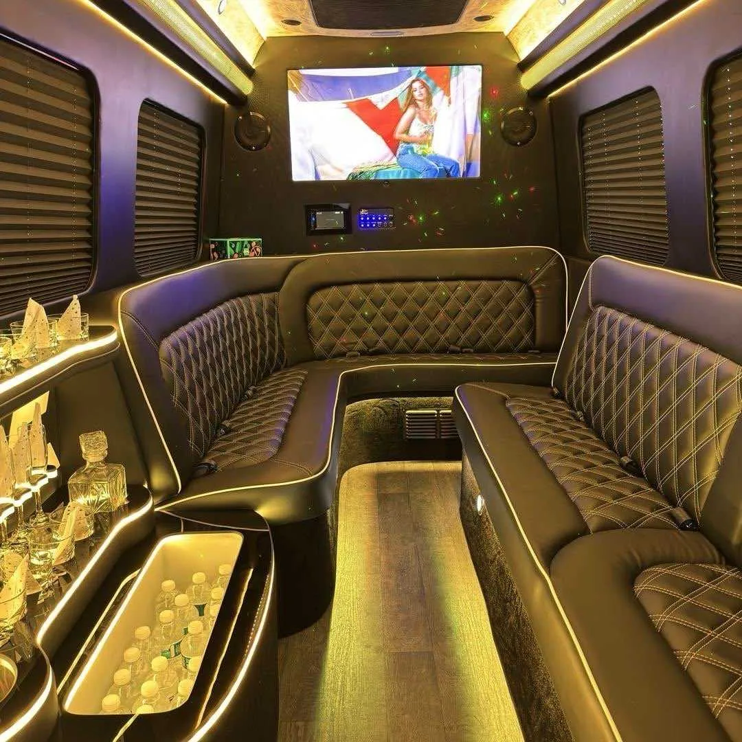 Party Limousine Sprinter for party bus rental: seating area, with sofa-style seating, window shades and LED accent lighting