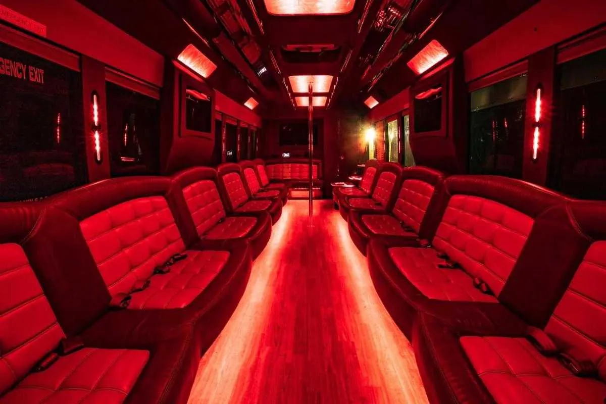 Tiffany Party Bus: seating area, with perimeter lounge seating, LED accent lighting and LED ceiling lighting